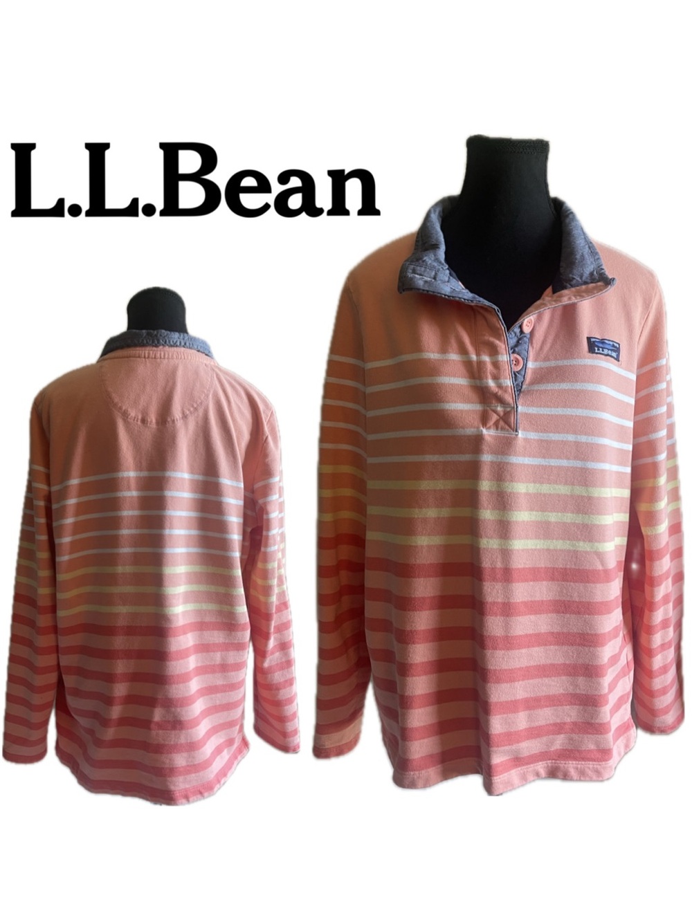L.L. Bean Sunset Stripe Rugby Shirt Cotton Henley Pullover Peach Orange Women’s